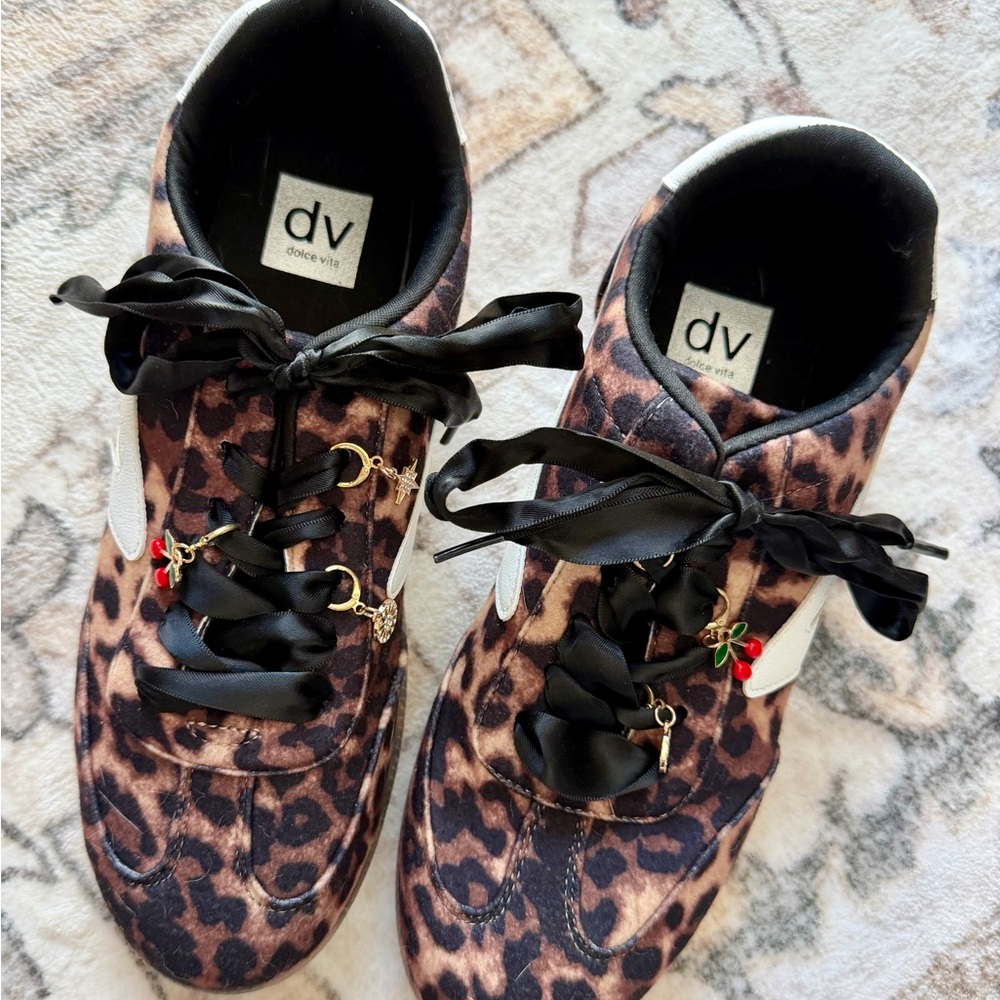 DV by Dolce Vita Women's Leopard Print Sneakers with Charm Satin Black Laces.